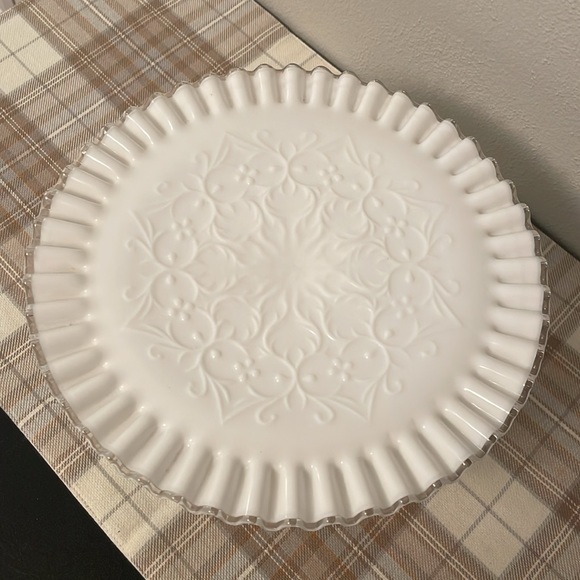 Fenton Silver Crest Ruffled Pedestal Cake Stand Serving Plate Hobnail Milk Glass - Picture 2 of 11